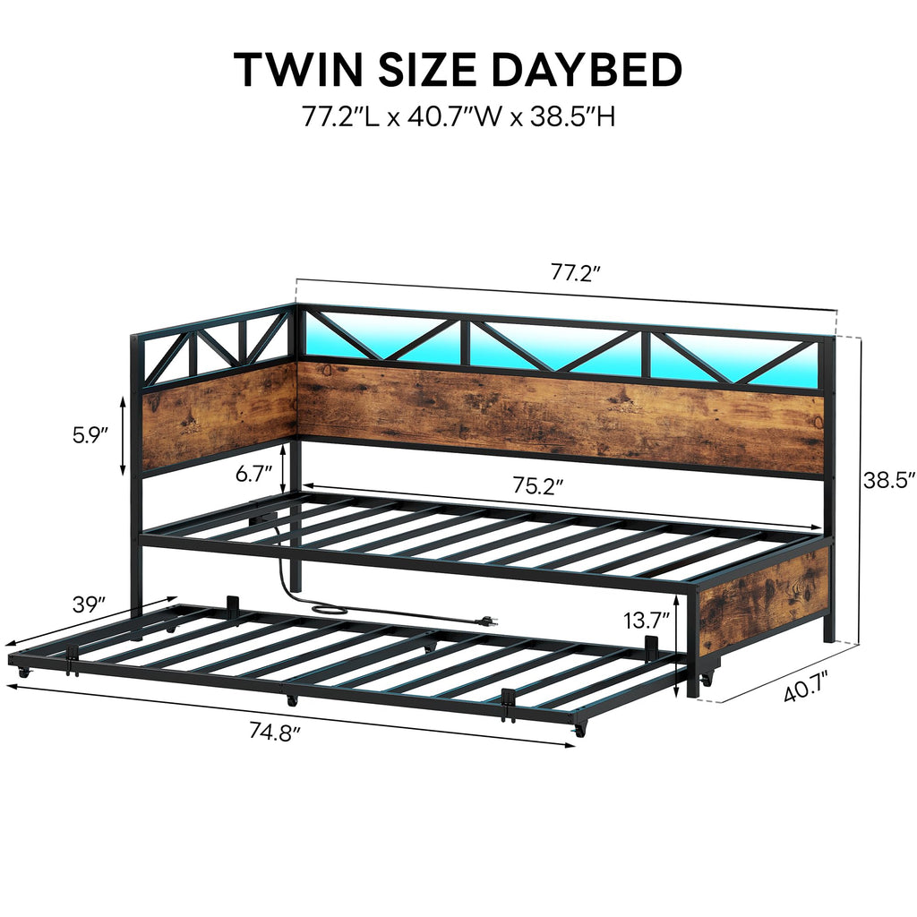 Twin Daybed with Trundle, Sofa Bed with Charging Station