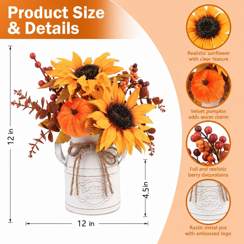 Fall Thanksgiving Centerpieces for Dinner Tables, Faux Floral Metal Potted Plants with Maple Leaf Pumpkin Berry Stems - Set of 2