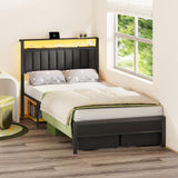 Full Bed Frame with Charging Station and LED Lights, Grey Upholstered Headboard with Shelves