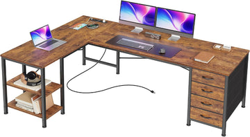 55 Inch L Shaped Desk with Fabric Drawers, Reversible Computer Gaming Desk with Power Outlets and USB-C Port