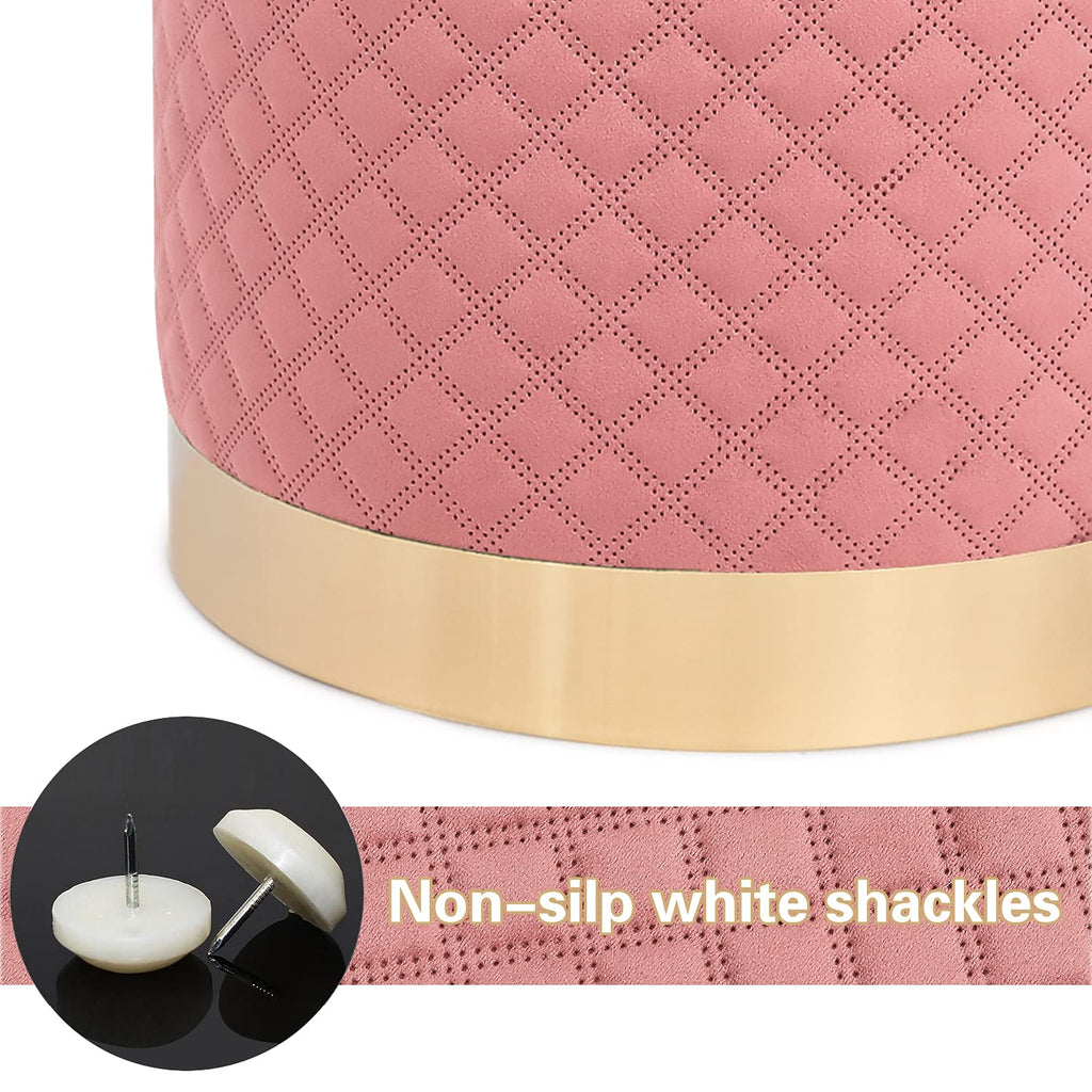 Round Upholstered Velvet Ottoman with Gold Metal Base, Makeup Vanity Chair Soft Compact Padded Foot Rest Stool