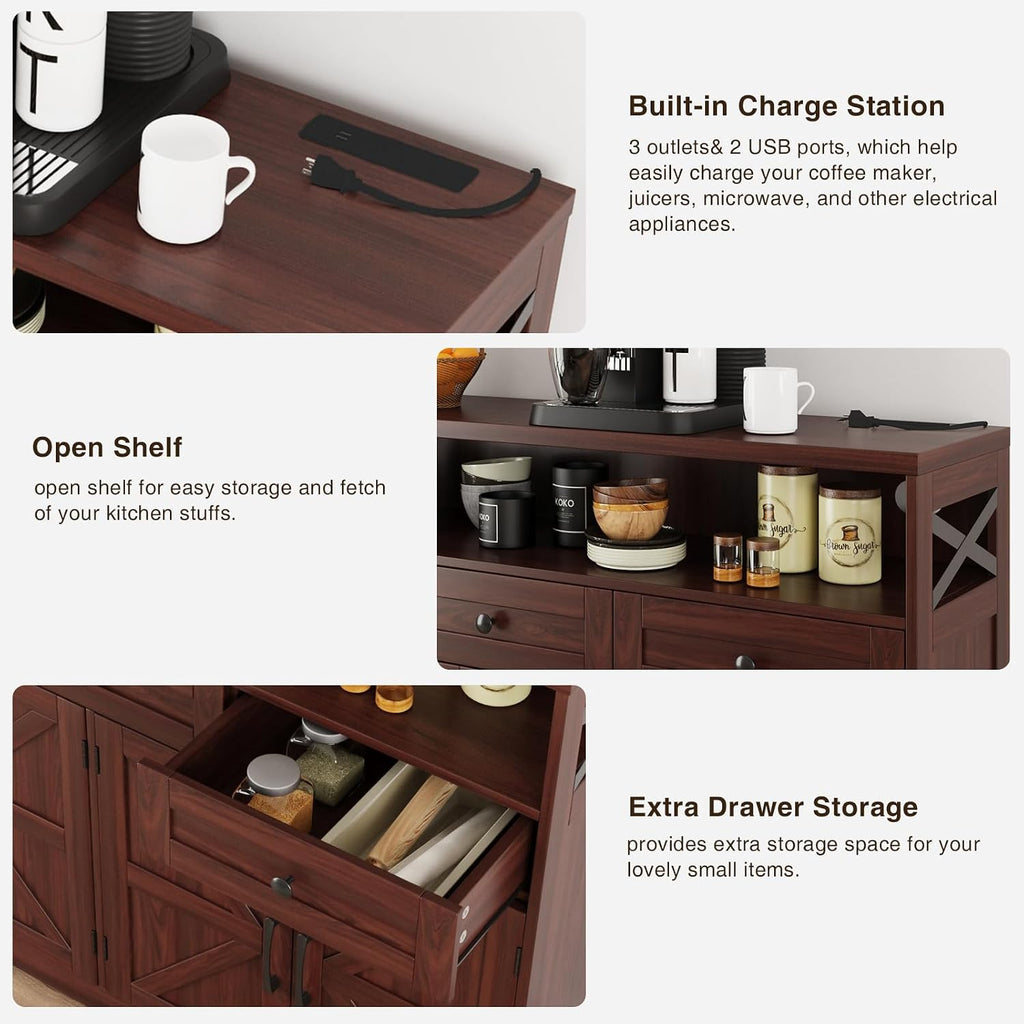 51" Dark Brown Buffet Sideboard Cabinet, Farmhouse Storage Cabinet Kitchen | Pantry with Shelf and Drawers, Wood