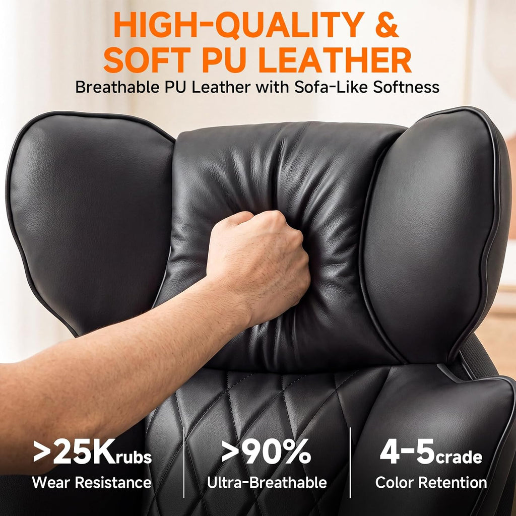 Leather Big and Tall Office Gaming Chair with Footrest Ergo Lumbar Support | 135°Reclining Adjustable Recline | Back