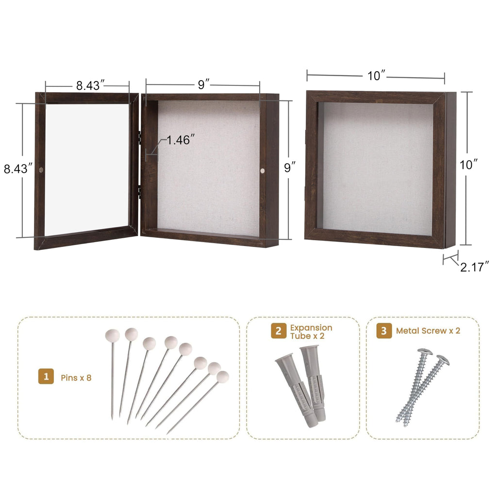 10x10 Shadow Box Frame with Linen Back, Wood Glass Display Case for Medals, Photos, Memorabilia, Awards - Pins
