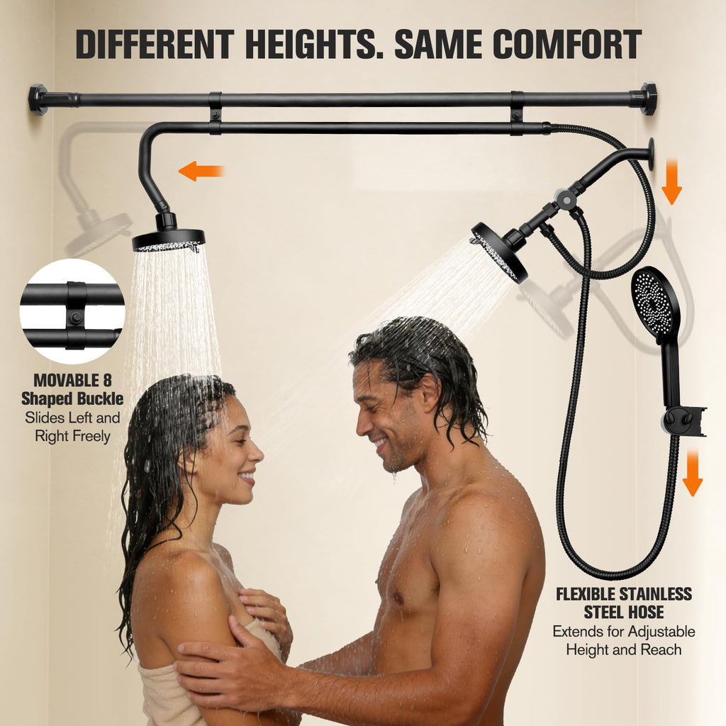 Triple Shower Head System for Couples, 3-Way Tandem Shower Combo with Adjustable Sliding Bar & 180° Rotation