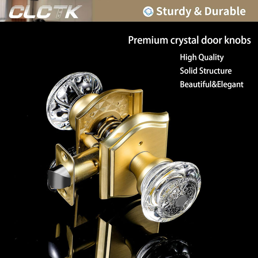 Crystal Glass Door Knob Interior with Lock, Privacy Gold Door Knob Bathroom, Satin Brass