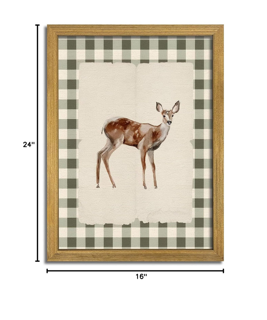 Wood Framed Deer Wall Art Print, Woodland Baby Deer Canvas Poster Wall Decor, Vintage Rustic Green Gingham Farmhouse