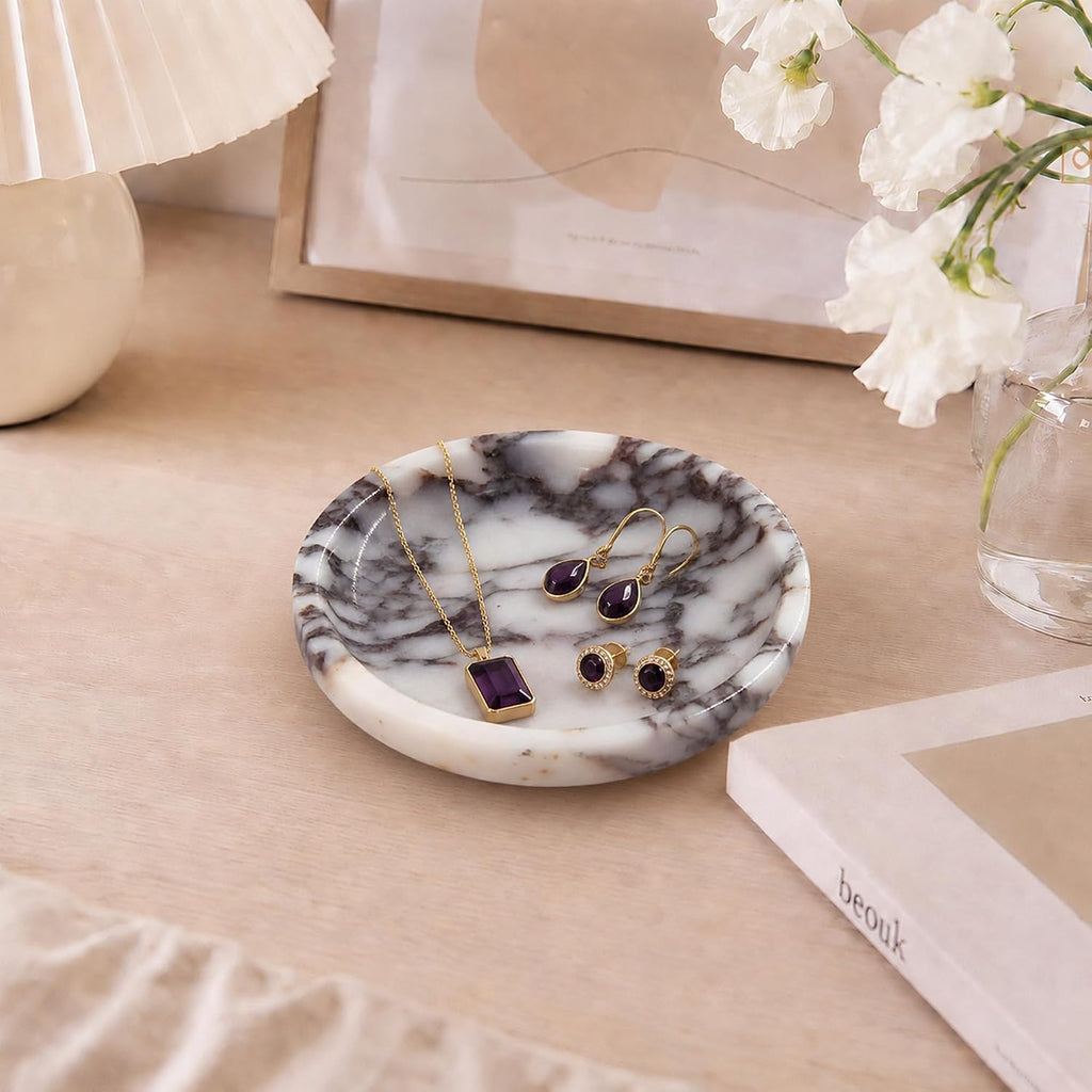 Small Natural Marble Jewelry Tray Key Plate Holder Dish Trinket Decor Catch All Bowl for Ring Earring Stone Gift