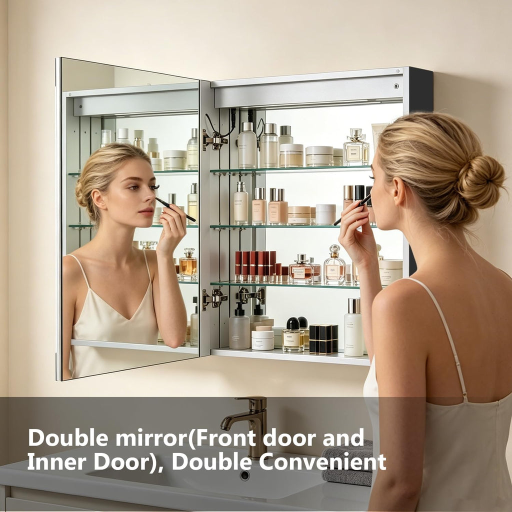 24 x 30 Inch LED Lighted Bathroom Medicine Cabinet with Mirror, 3 Stepless Adjustable Shelves, Recessed