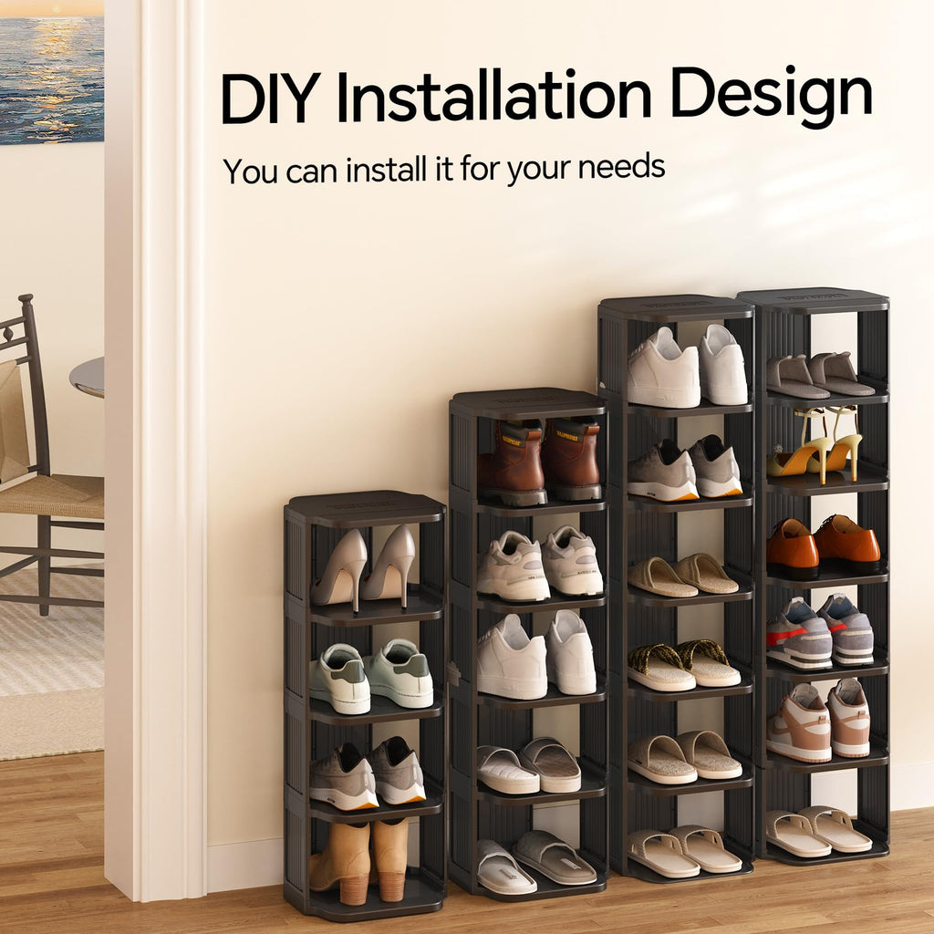 Stackable 16-Tier Shoe Rack for Closet & Entrance - Tall, Narrow, Vertical Shoe Stand - Plastic, Free Standing