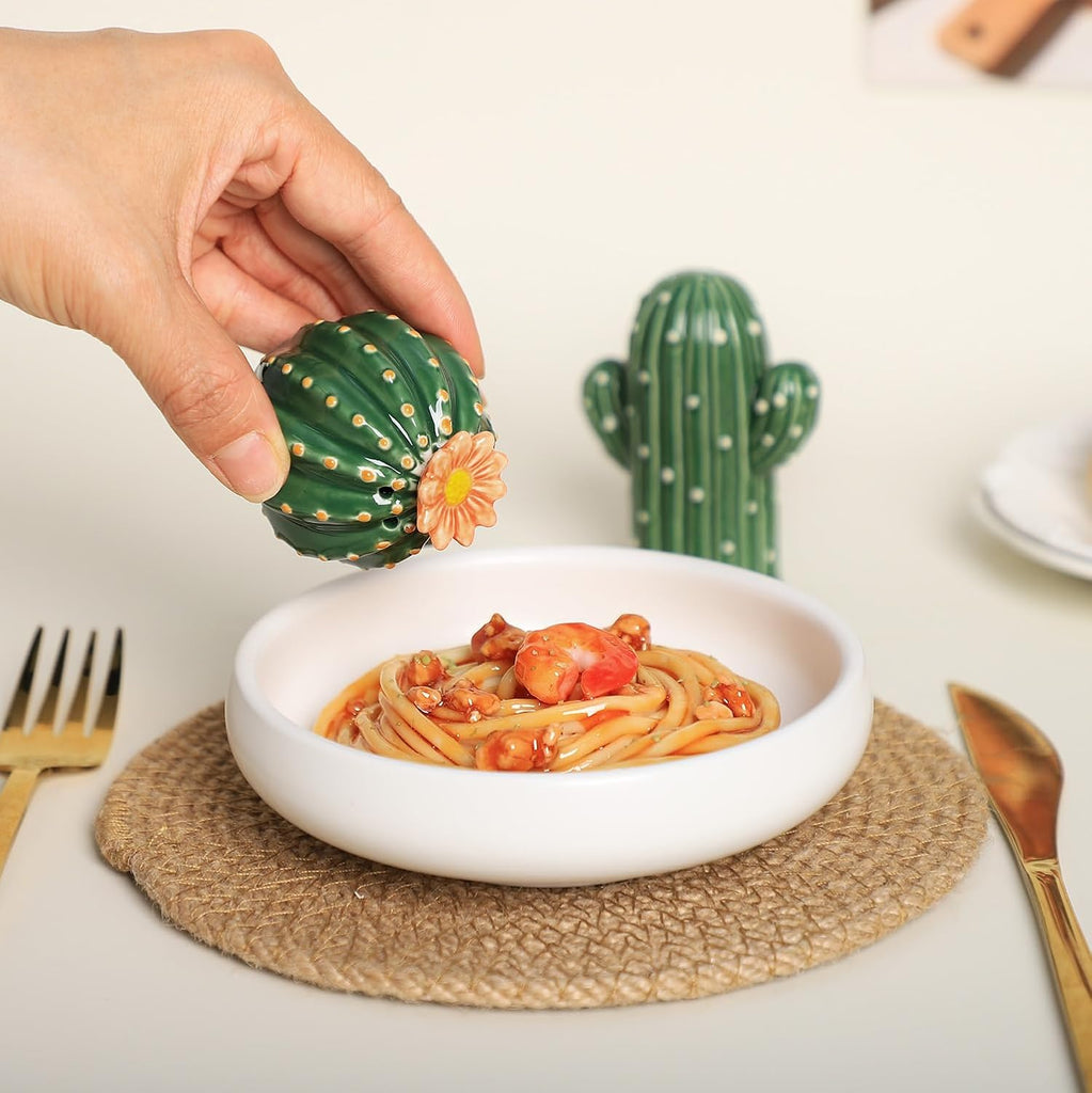 Ceramic Cactus Shape Salt & Pepper Shakers Set, Hand-Painted Cactus Salt and Pepper Shakers, Set - Set of 2