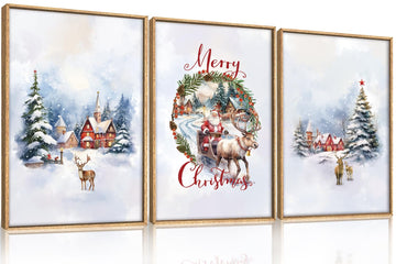 Christmas Santa Reindeer Framed Canvas Wall Art Set Sleigh Deer Winter Snow Forest Tree Wall Decor Wonderland Art