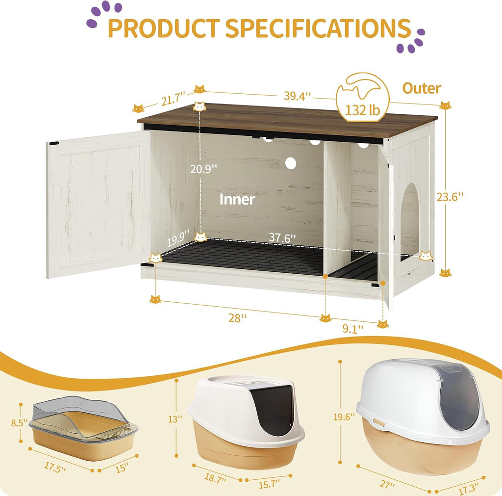 Cat Litter Box Enclosure, Hidden Litter Box Furniture with Divider