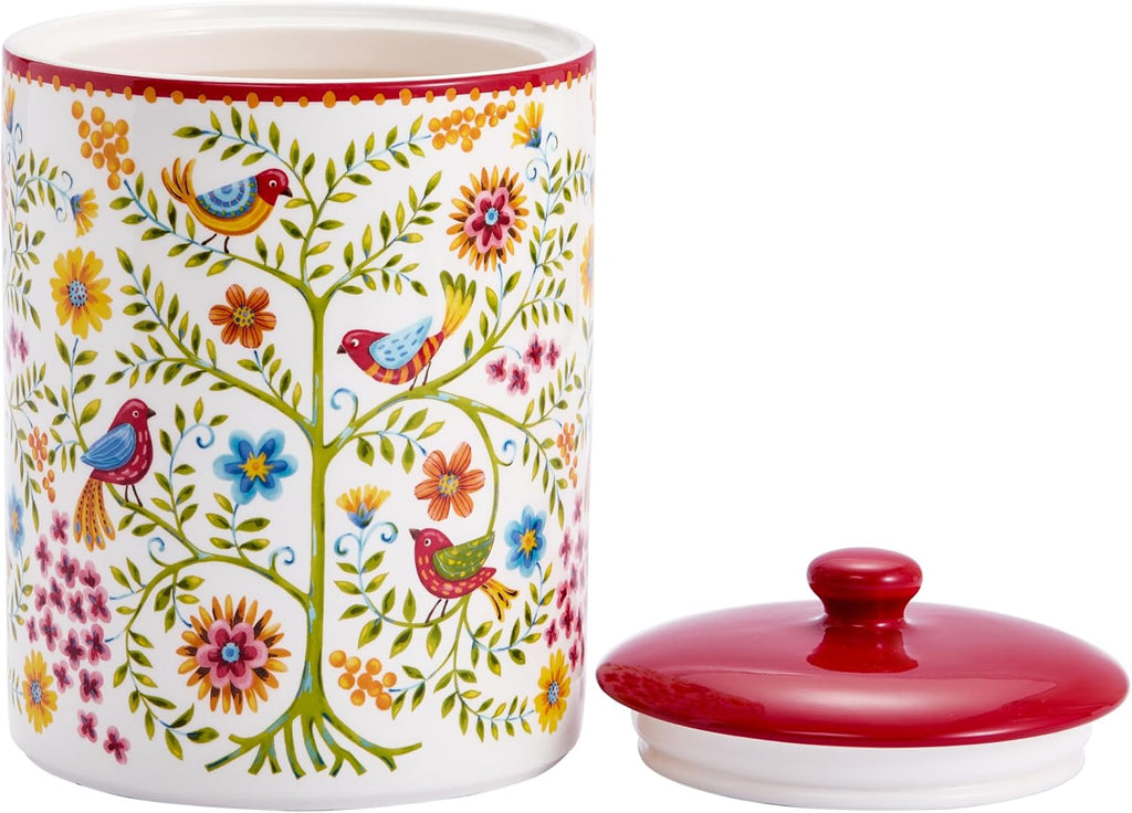 Red Spring Bird Ceramic Air Tight 9 inch Cookie jar, for holding coffee, powder, tea, spices, Microwave