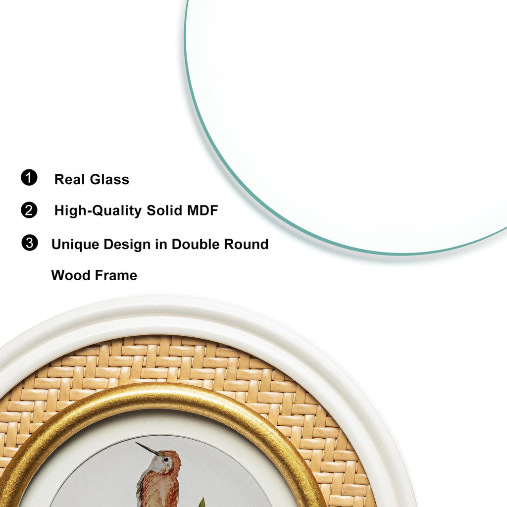 5x5 White & Glod Round Picture Frame with Rattan Trim, Solid Wood with Real Glass, Matted to 4x4, Display Photos