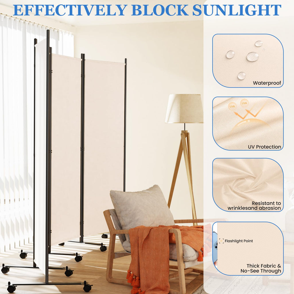 Room Divider Privacy Screens, 8 Panels Dividers with Wheels, Beige