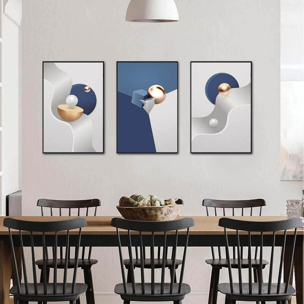 3Pcs Modern Blue Gray Geometric Abstract Framed Canvas Wall Art Decor