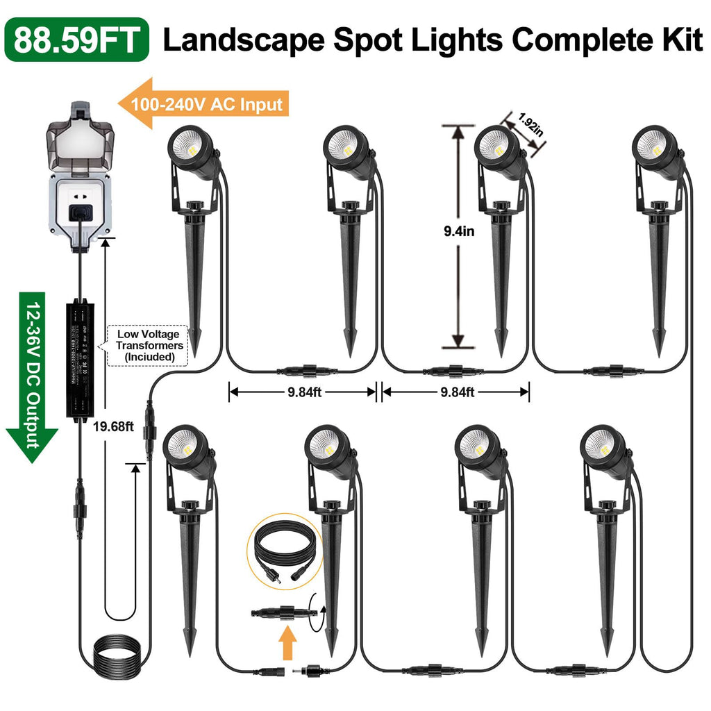 Low Voltage Landscape Lighting, 8 Pack Outdoor Spot Lights with Transformers, 12V Warm White Landscape Spotlights