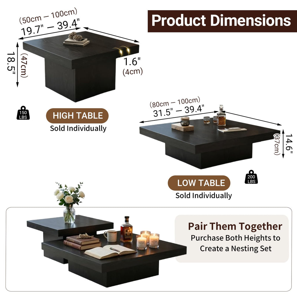 Coffee Table Modern Rustic Square Center Table with Wooden Legs, 1.6" Thick Tabletop, Low Profile Accent End Side