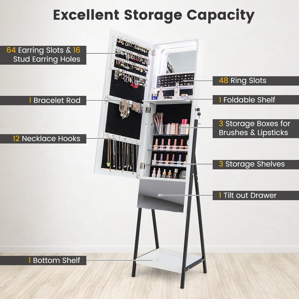 Jewelry Cabinet Armoire with Full Length Mirror, 3-Color Light Strips, Mirrored Tilt out Drawer, Lockable Standing