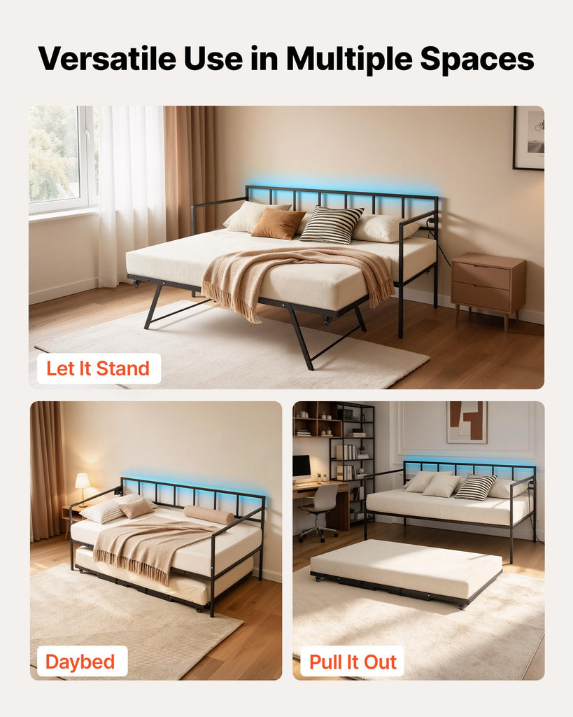 Twin Daybed with Pop Up Trundle Metal Charging Station LED Light, Bedroom Guest Room, Heavy Duty Twin Size Sofa Day