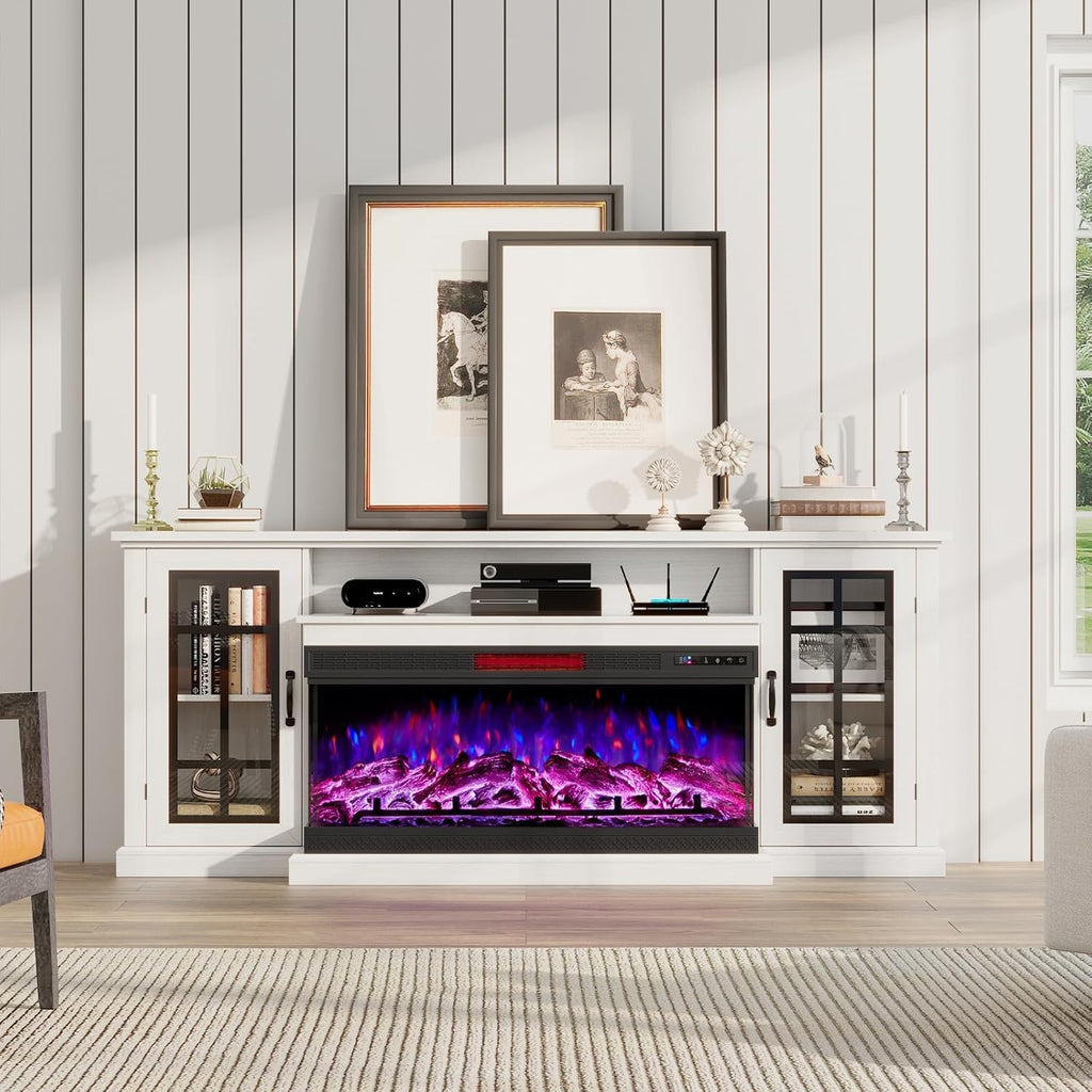 75in 3-Sided Glass Fireplace TV Stand for TVs up to 85", Rustic Fireplace Media Entertainment Center Console Table