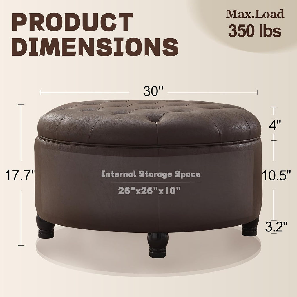 30-Inch Round Ottoman with Storage, Leather Ottoman (Dark Brown) | Button Tufted Ottoman Coffee Table, Storage