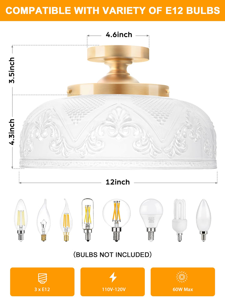 Semi Flush Mount Ceiling Light, Vintage Kitchen Fixture, Gold, 12"