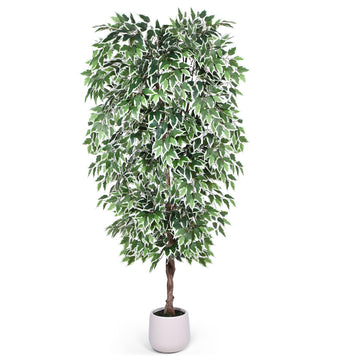 Artificial Ficus Tree-7FT Faux Tree with Natural Curved Trunks and White Pot, Lush Fake Silk Tree Artificial Plants