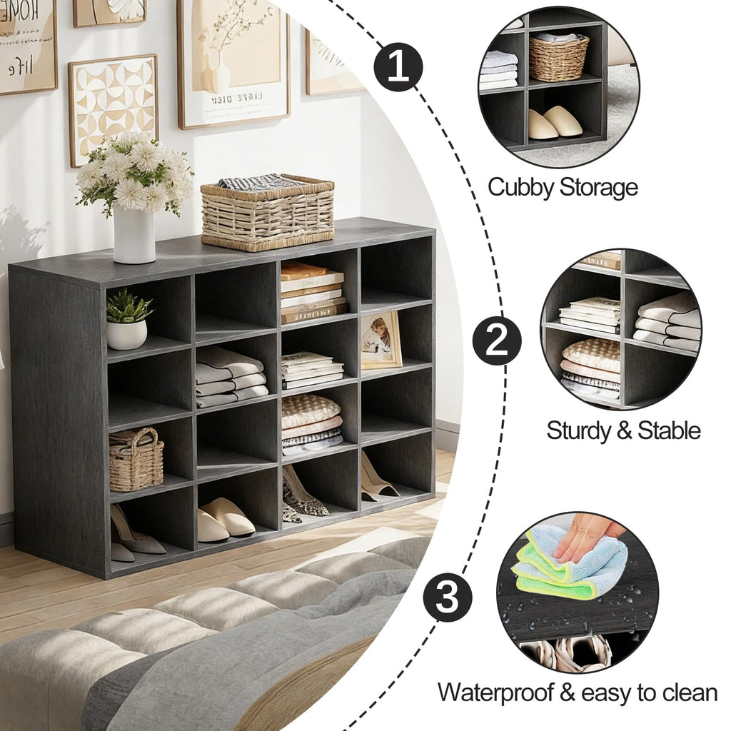 Shoe Storage Bench, Cubby Shoe Rack with 16 Cubbies, 4-Tier Wood Shoe Rack Organizer, Shoe Organizer Cabinet, Closet