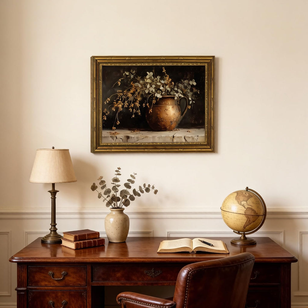 Gold Framed Vintage Eucalyptus Canvas Wall Art Rustic Farmhouse Copper Vase Botanical Pictures Print Moody Autumn