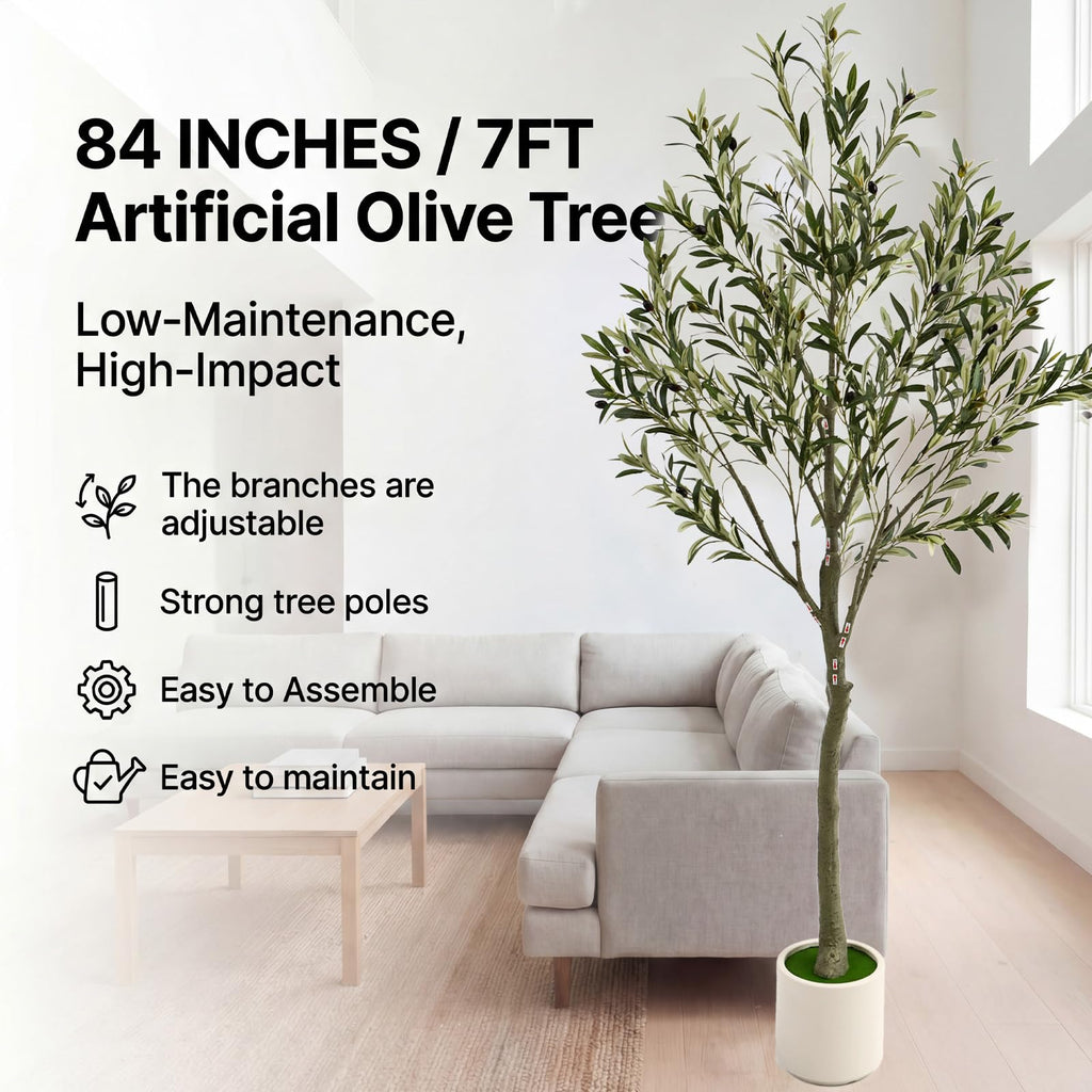 7ft Fake Olive Tree Artificial Indoor, Faux Olive Tree with Pot, Large Olive Branches and Lifelike Fruits, House Living