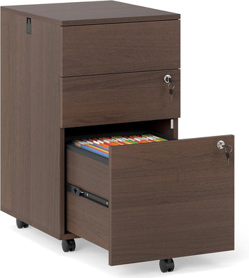 3-Drawer File Cabinet with Lock, 27-Inches Storage Cabinet with 2 Side Hooks, Mobile Printer Stand, Wheels, 4 Keys