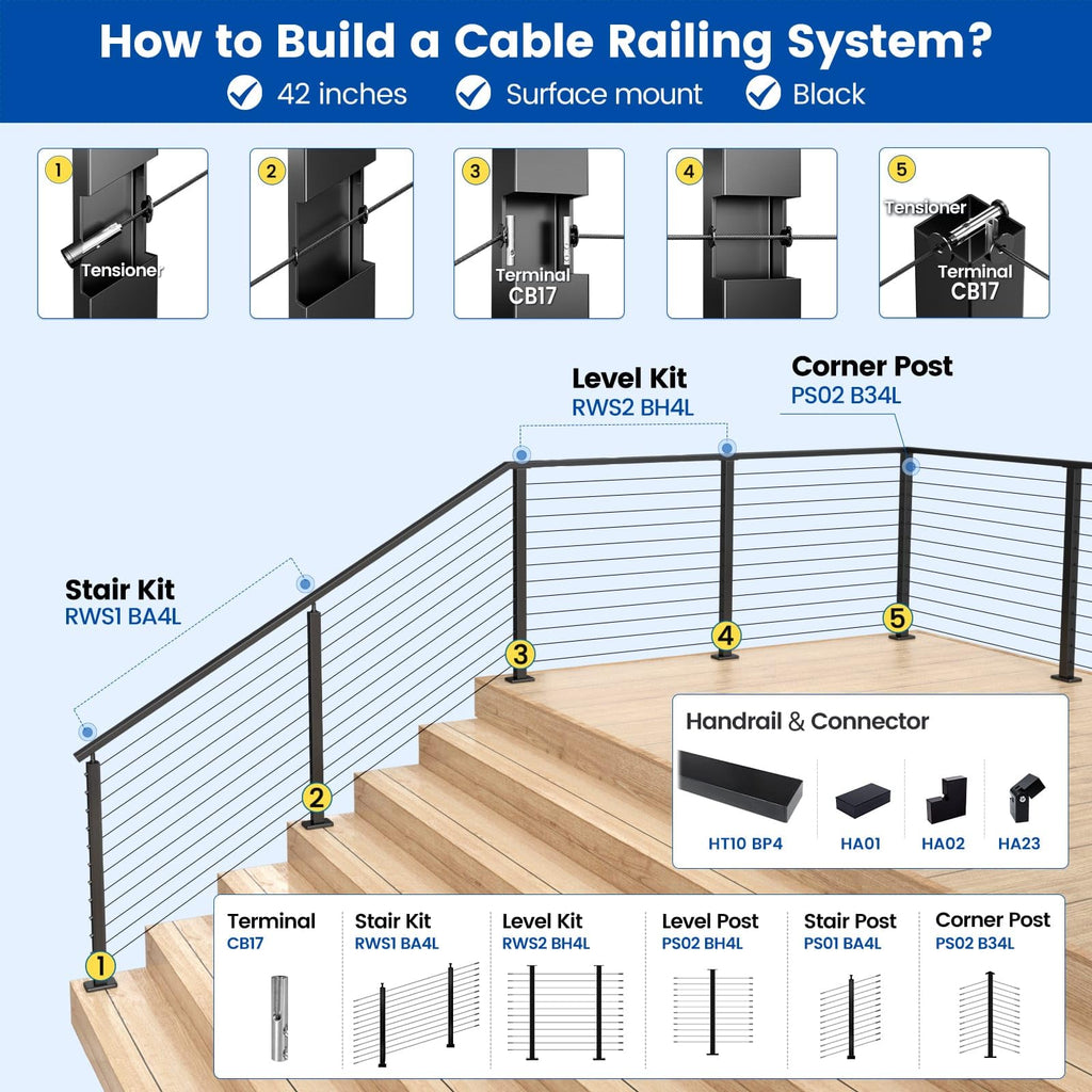 42" Black Cable Railing Post Surface Mount Angle Drilled PS01 BA4L