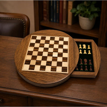 Decorative Round Wooden Chess Set with Drawer | Classic Strategy Game for Adults | Compact Tabletop Design | Vintage
