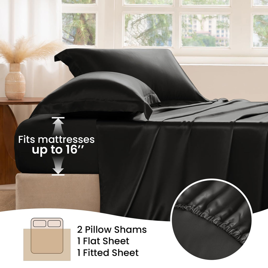 Silk Sheet Set 4 Pcs, Full Size Sheet Set, 22 Momme 7A+ Silk Sheets, Soft and Breathable Bed Sheets with 1 Flat
