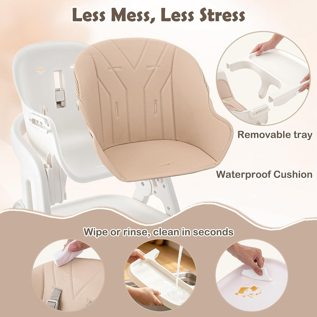 Foldable Baby High Chair, 4-in-1 Convertible Wooden Baby Highchairs (Beige) | Easel & Stool, Feeding Chair for Babies