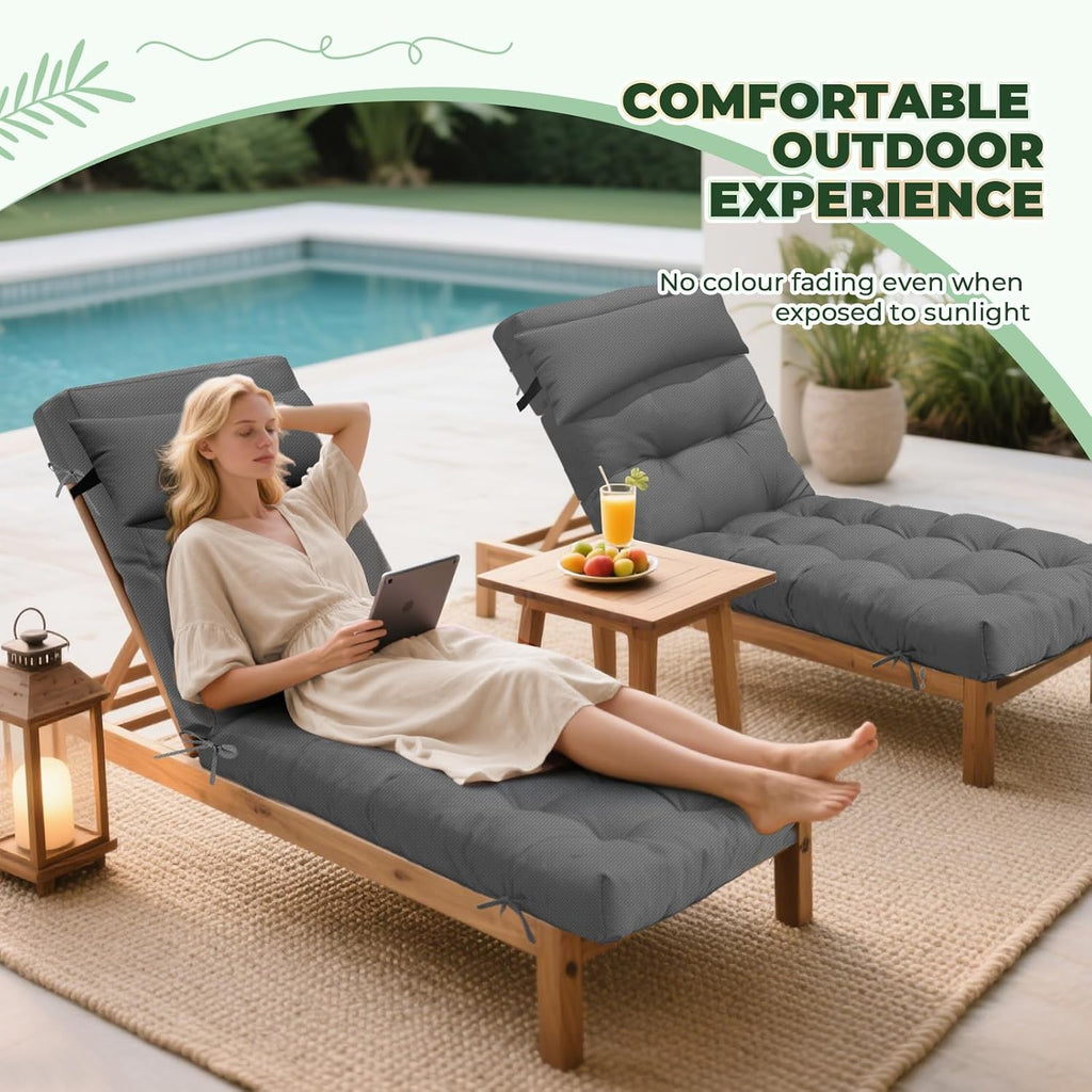 Waterproof Lounge Chair Cushion Outdoor for Chairs, Fade Resistant Chaise Lounger Replacement Cushions with 6 Ties