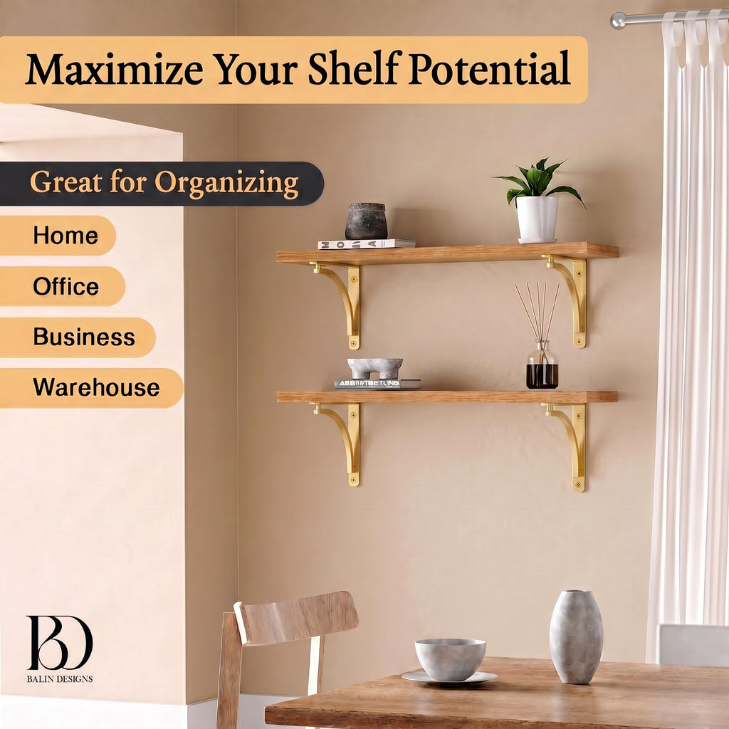 Classic Brass Powder Coated Heavy Duty Shelf Brackets 12 inch by - Gold L Bracket, Wall Mounted Support, Shelving