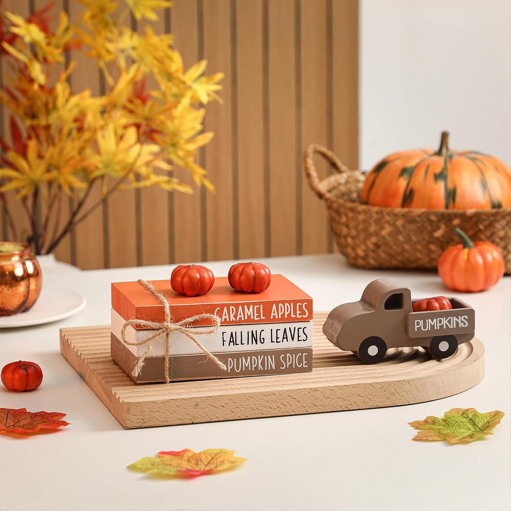 Fall Table Decor Tiered Tray Decor, Wooden Fall Signs with Book Stack - Set of 4