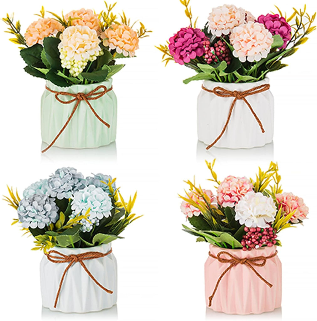 Hydrangea Artificial Flowers in Vase for Table, 4 Pcs, 5.9 Inch | 4 Colors, Small Ceramic Vase with Flowers, Cute