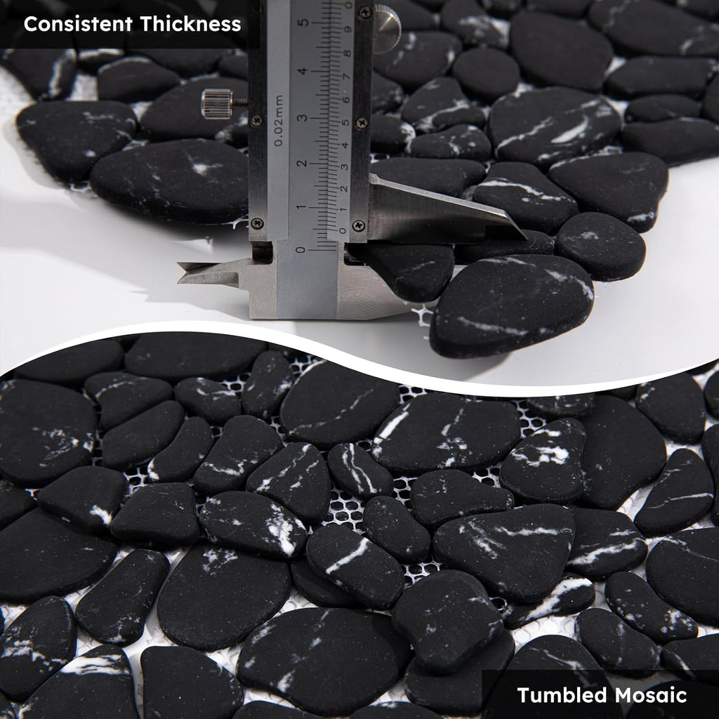 Pebble Tile for Shower Floor, Black Marble Veins Oval,Pebble Backsplash Bathroom Wall and Floor Tile