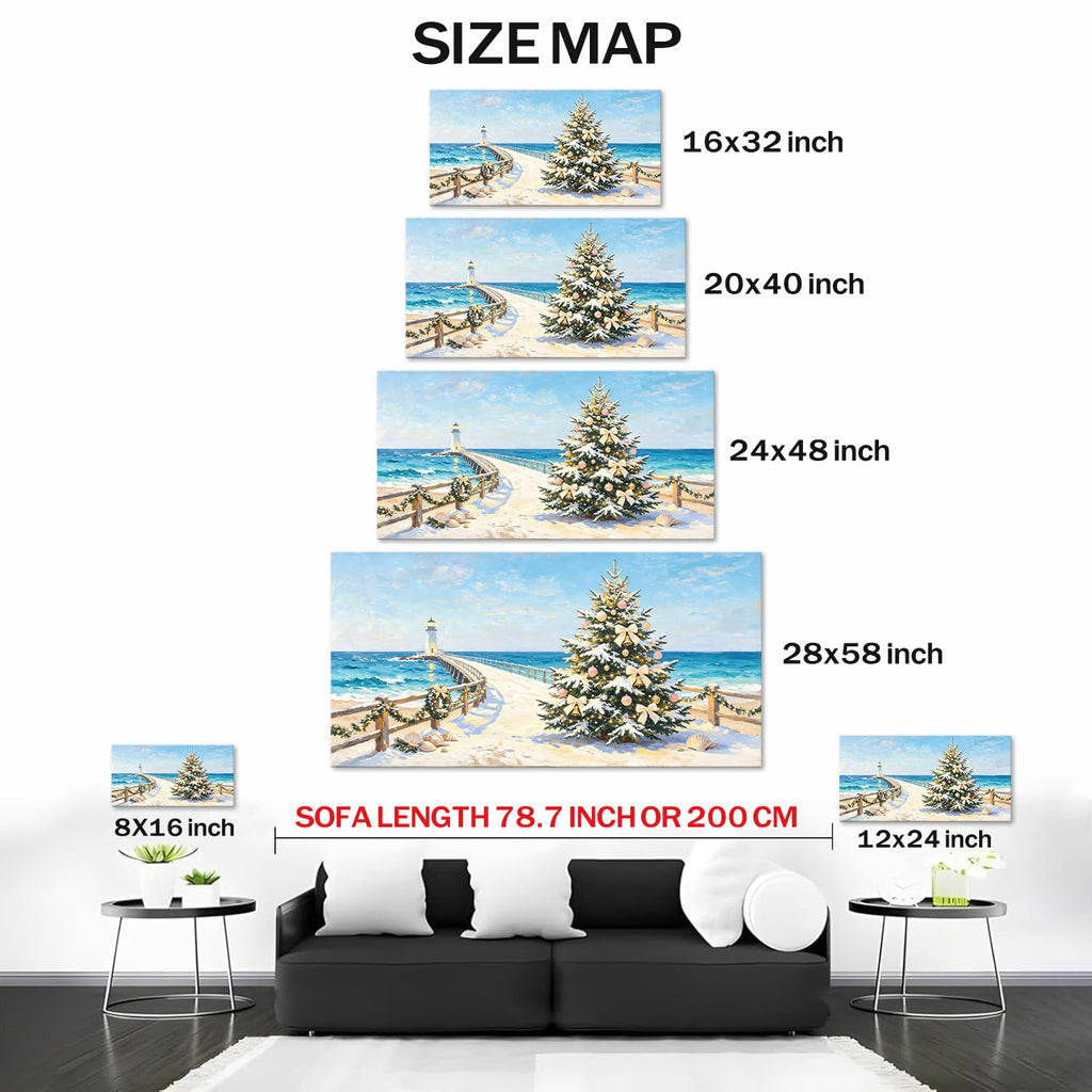 Coastal Christmas Wall Art, Rustic Beach Canvas Prints Holiday Tree Pictures, Vibrant Winter Seaside Painting Ocean