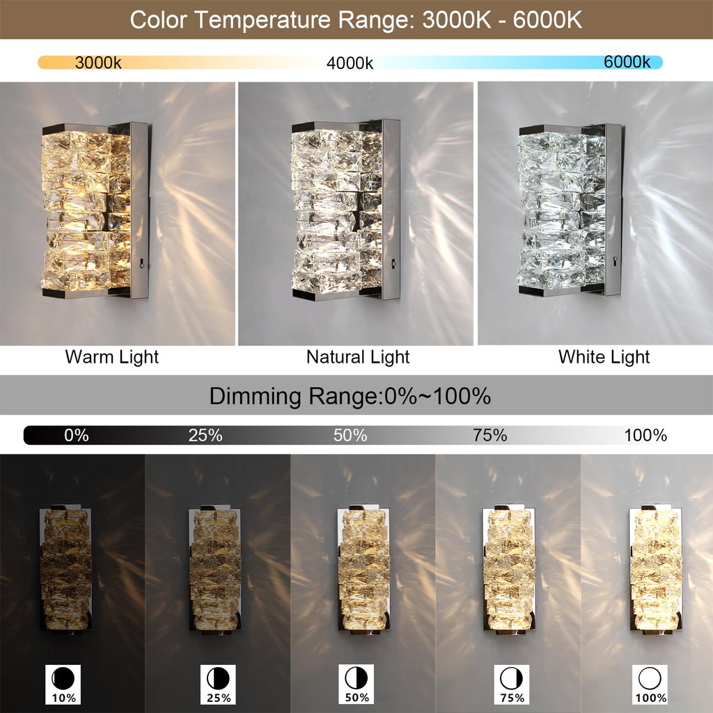 Chrome Crystal Wall Sconces, Modern Dimmable LED Wall Light Fixtures with 3 Color Temperature, K9 Elegant Crystal