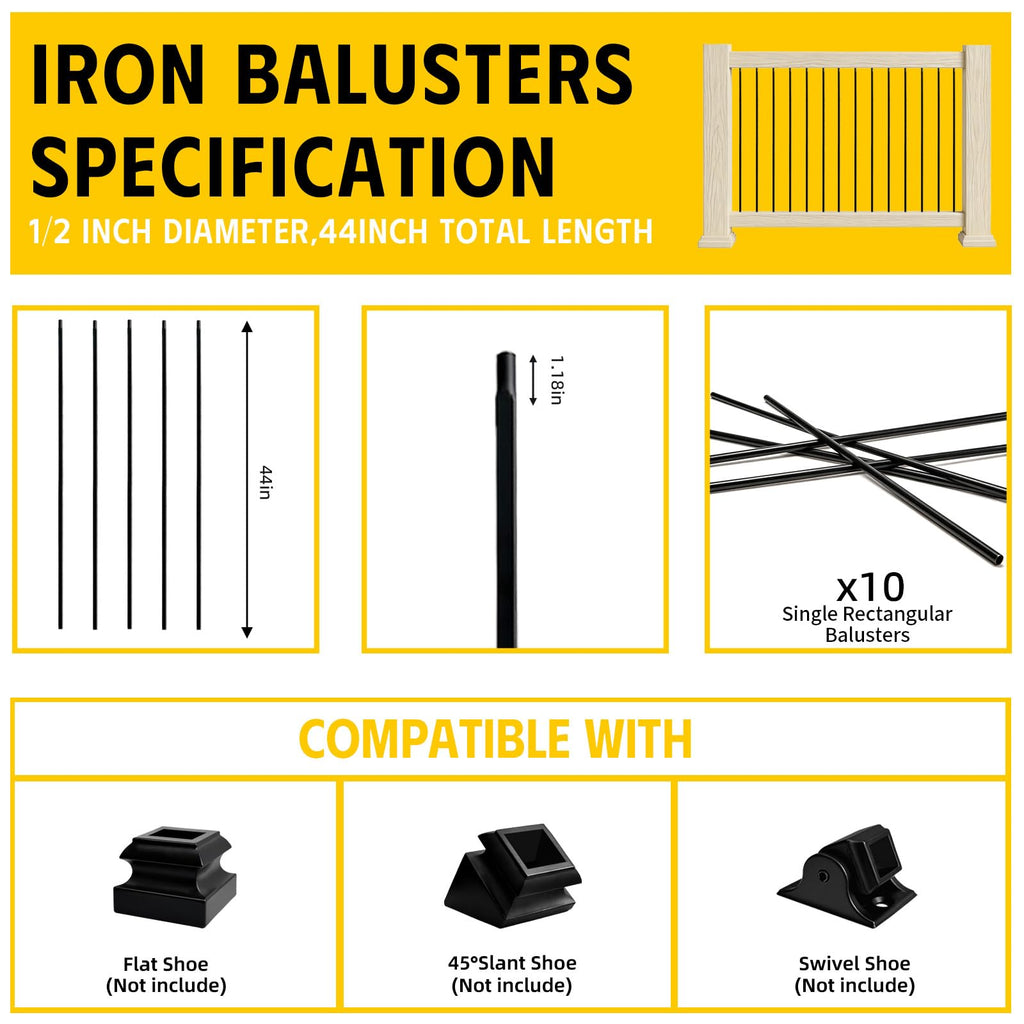 Wrought Iron Balusters (Set of 15), Hollow Straight Stair Spindles, Decorative Metal Balusters Spindles for Decks, 1/2