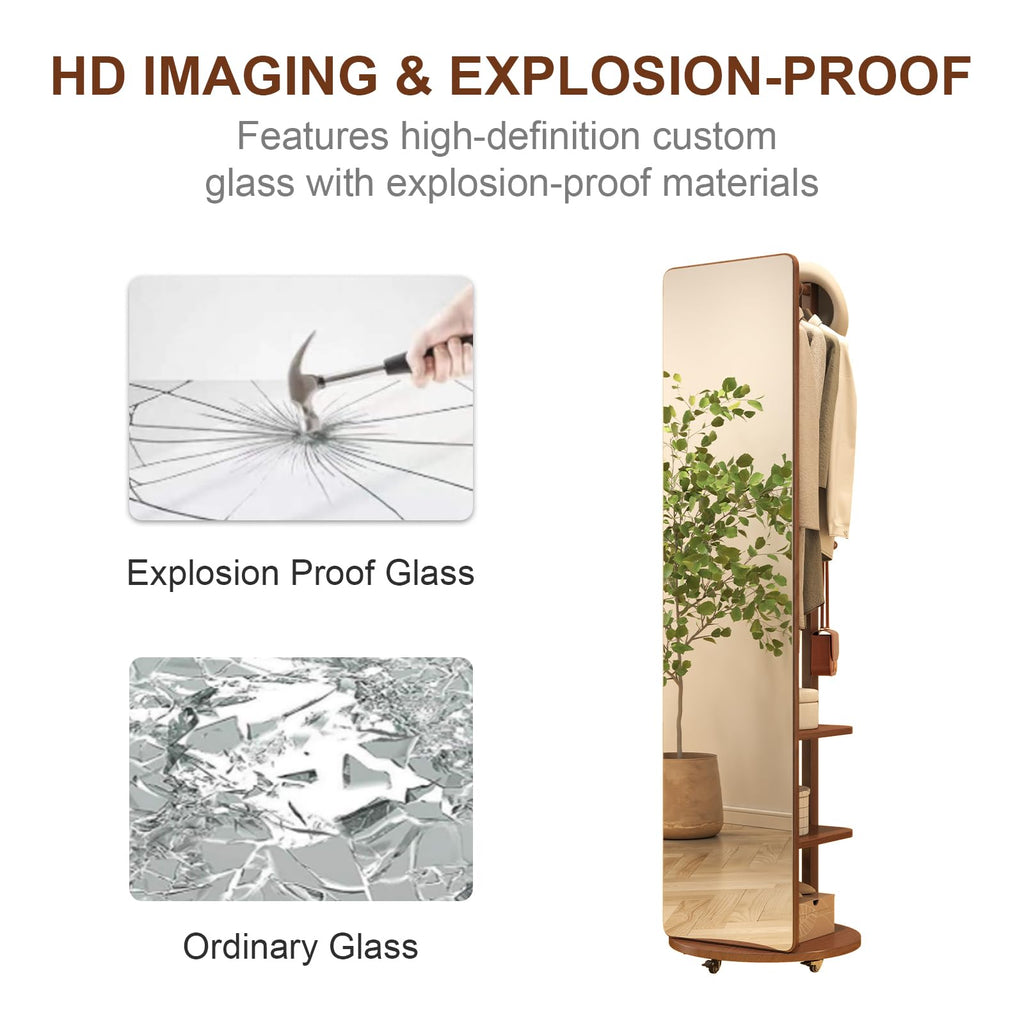 Solid Wood Full Length Mirror Coat Rack, 70" x 20" Oversize Standing Mirror Full Length with Brake Wheels, Floor