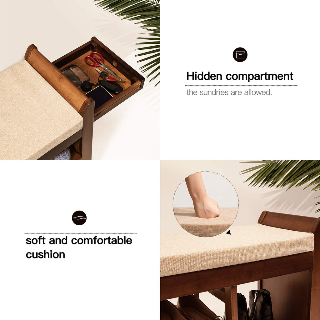 Shoe Rack Bench, Bamboo Removable Cushion Storage Shelf, 2-Tier Entryway Shoe Storage Organizer with Drawer and