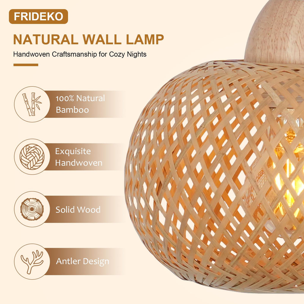 Bamboo Wall Sconces Set of Two Plug in, Boho Wall Lamp with Plug in Cord, Farmhouse Wall Light Fixtures