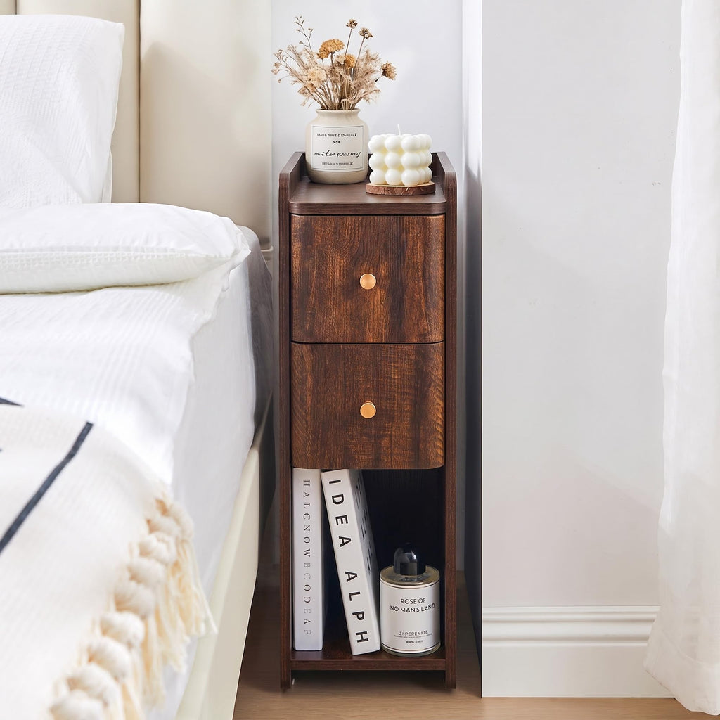 Narrow Nightstand, Wooden 2 Drawer, Cherry Walnut