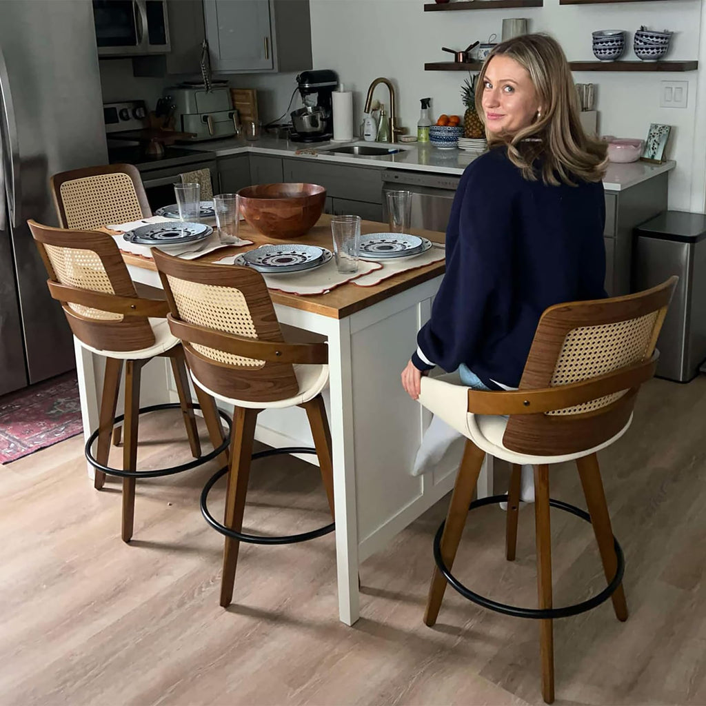 Mid Century Modern Bar Stools - 30 inch Swivel Rattan bar stools with Cane Back, Upholstered Faux Leather, Walnut